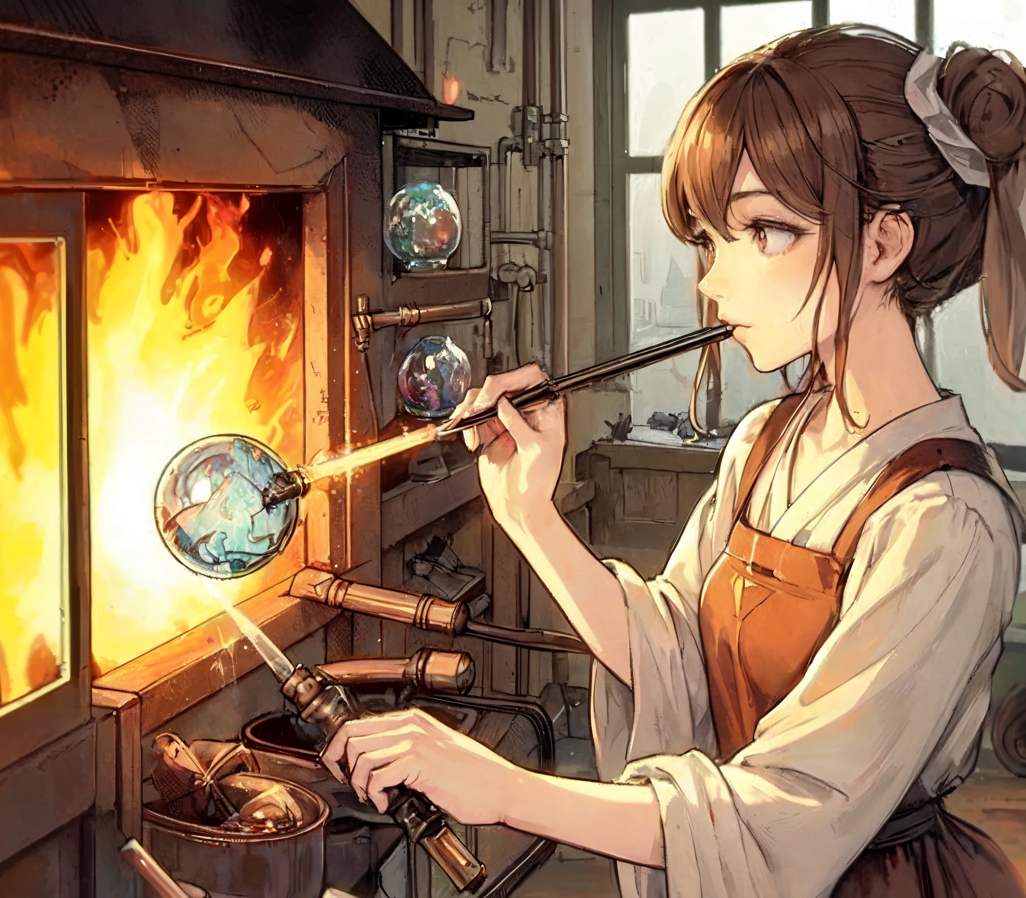 1lady solo, artisan, (inflating a glass sphere with a blowpipe), mature female, /(dark brown hair/) bangs, (eyes filled with concentration), (masterpiece best quality:1.2) delicate illustration ultra-detailed, large breast BREAK (flames of the furnace are blazing fiercely) BREAK (glassblowing workshop) indoors, various glassworks