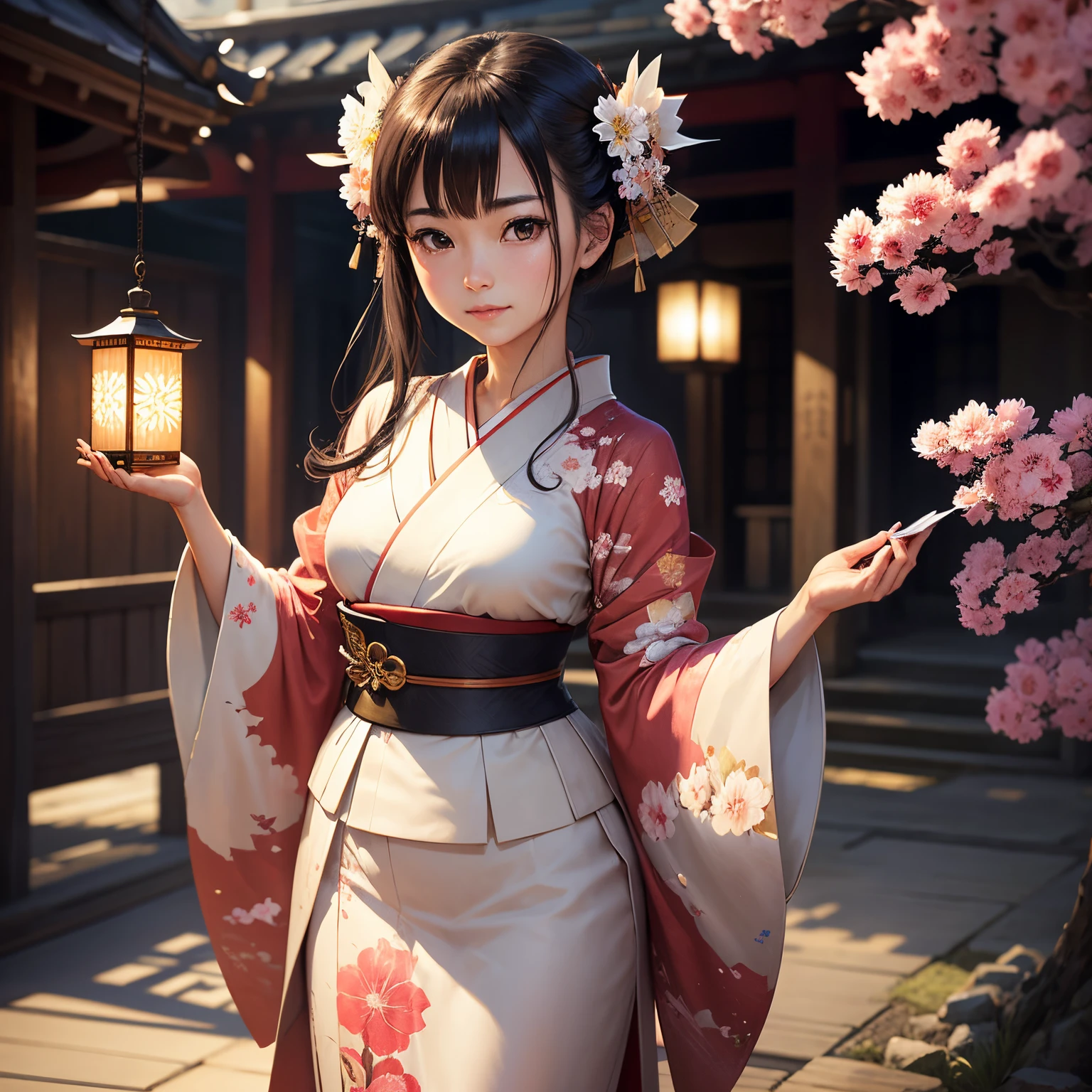 concept-art、❴(anger)A beautiful woman holds up a colored paper with❵、jpn、kimono、(beautiful countenance)、Gentle smile、accurate depiction、Accurate composition、Masterpiece、4K