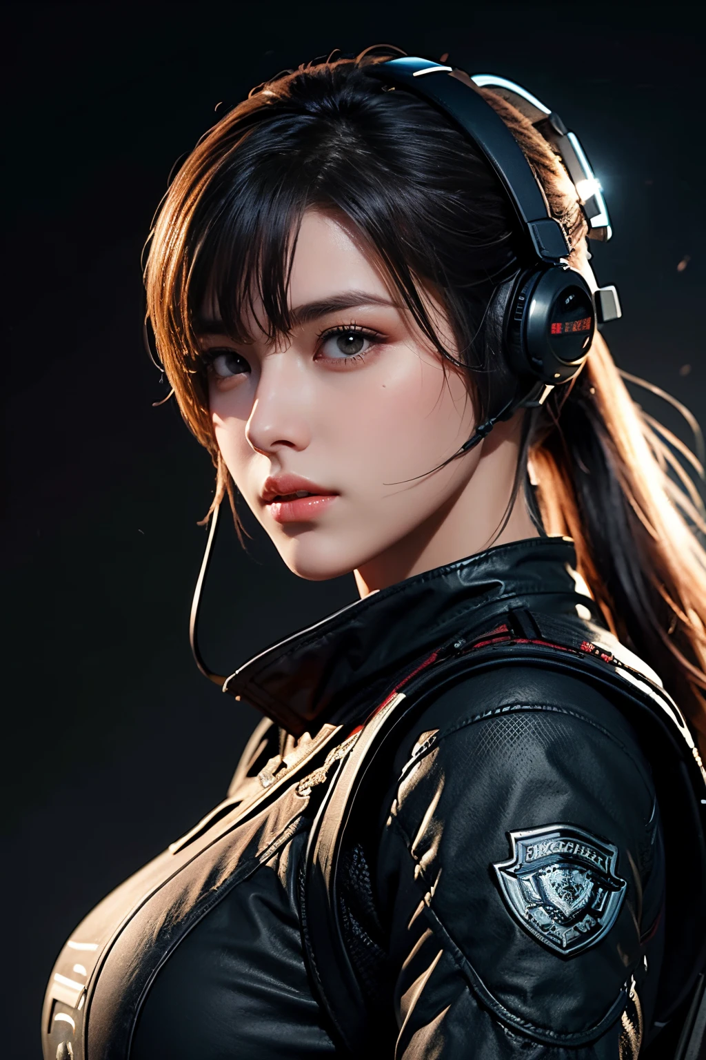 tmasterpiece,Best quality at best,A high resolution,8K,((Portrait)),(Head close-up),Original photo,real photograph,digital photography,(Cyberpunk-style female special ops fighters),(Special forces),20岁女孩,long ponytail hair,By bangs,The amount of hair amazing,red eyelash hair),Big breasts,Chest groove,(Tactical rucksack,Tactical headset,Tactical helmet),cparted lips,Keep your mouth shuegant and charming,Serious and arrogant,Calm and handsome,(police uniforms,Combat uniforms,joint armor,Black),Photo pose,cyber punk personage,scifi style,greybackground,oc render reflection texture