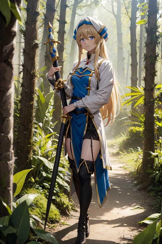 Priestess from goblin slayer show standing still with a sword in jungle
