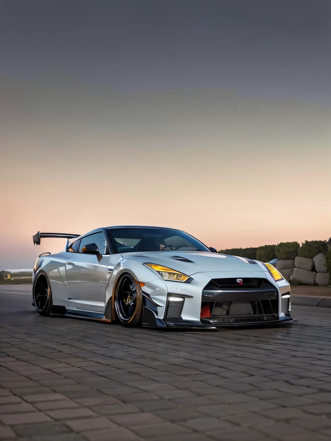 a close up of a sports car parked on a brick road, wide body, gtr xu1, epic stance, front profile!!!!, low view, low sunset, ultra wide, front lit, front profile shot, sports car, powerful stance, low perspective, sportcar, sport car, nissan gtr r 3 4, with sleek lines and a powerful, long front end