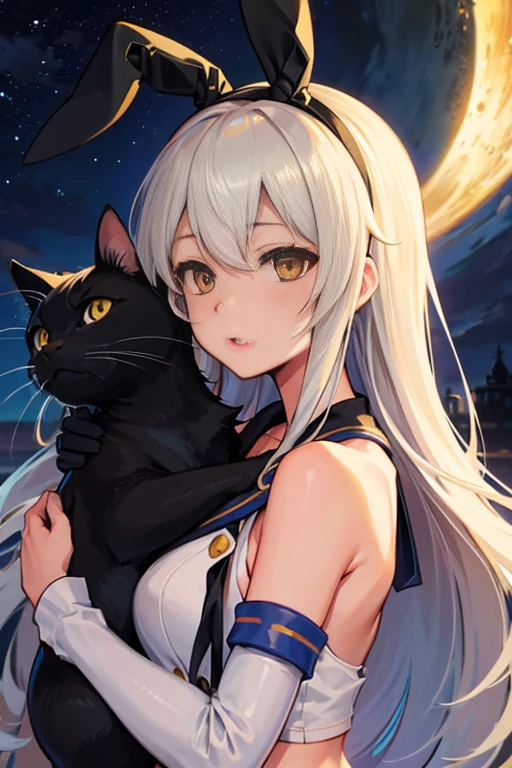 hyper detailed, perfect anatomy, extremely detailed and delicate, 1 girl, shimakaze(kancolle), 1 black cat, night sky, stars, milkyway, hugging a black cat,