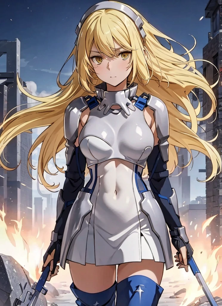 ais, 1girl, solo, blonde hair, armor, long hair, straight hair, thighhighs, boots, dress, yellow eyes, thigh boots, blue long boots, blue footwear, covered navel, breastplate, shoulder armor, gloves, white dress outdoor, sunny, standing