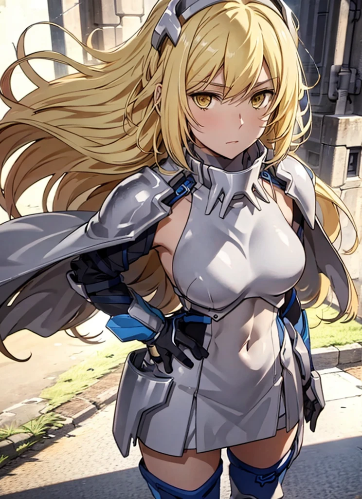 ais, 1girl, solo, blonde hair, armor, long hair, straight hair, thighhighs, boots, dress, yellow eyes, thigh boots, blue long boots, blue footwear, covered navel, breastplate, shoulder armor, gloves, white dress outdoor, sunny, standing