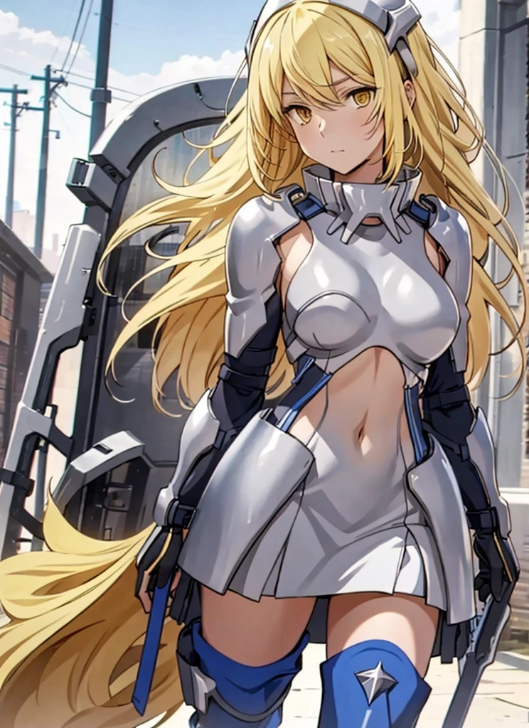 ais, 1girl, solo, blonde hair, armor, long hair, straight hair, thighhighs, boots, dress, yellow eyes, thigh boots, blue long boots, blue footwear, covered navel, breastplate, shoulder armor, gloves, white dress outdoor, sunny, standing