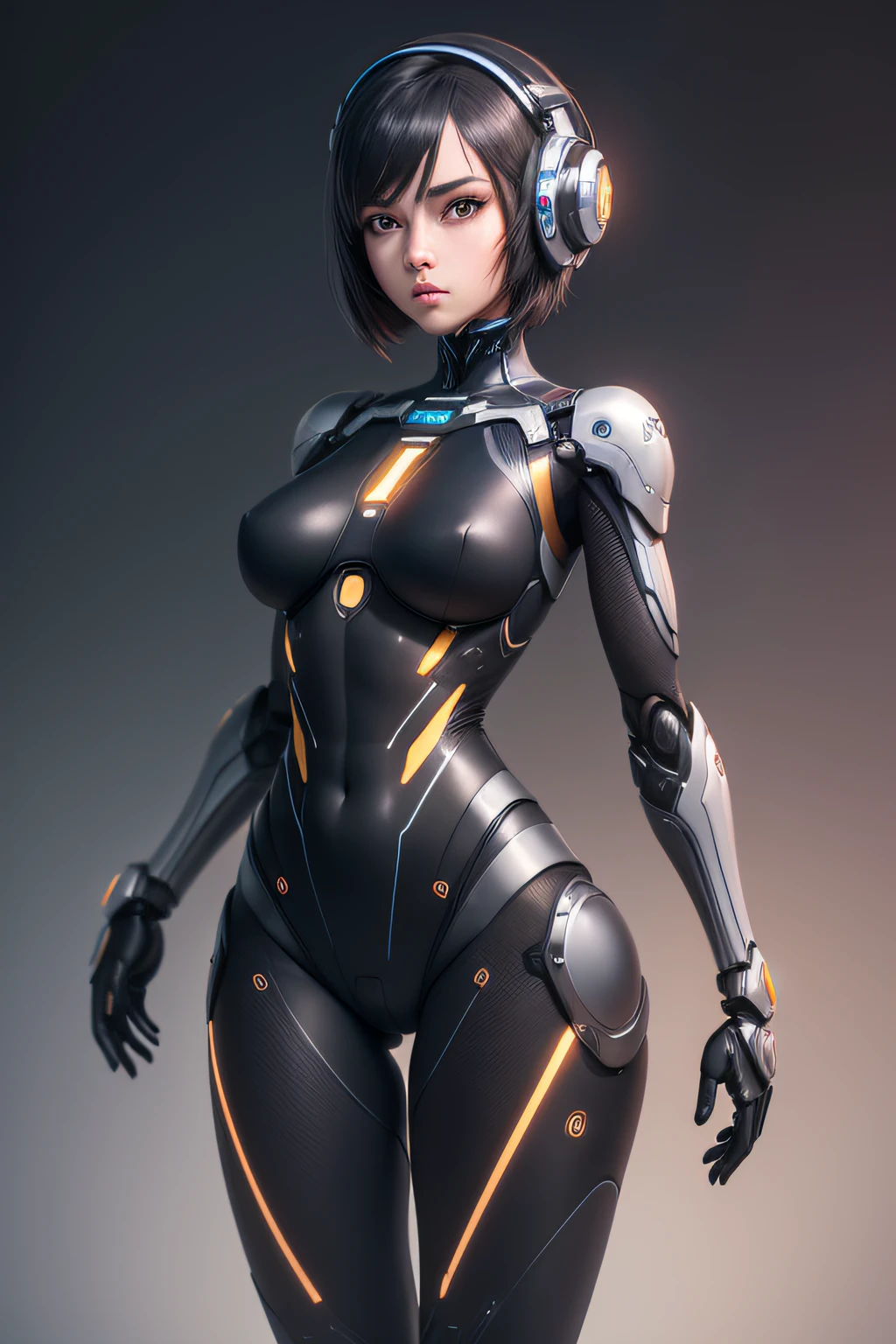 Female robot wearing black tights and leotard　Mechanical body　Mechanical arm　mechanical leg space, nffsw, retinas, masutepiece, ccurate, Anatomically correct, Textured skin, Super Detail, high details, High quality, awardwinning, Best Quality, hight resolution