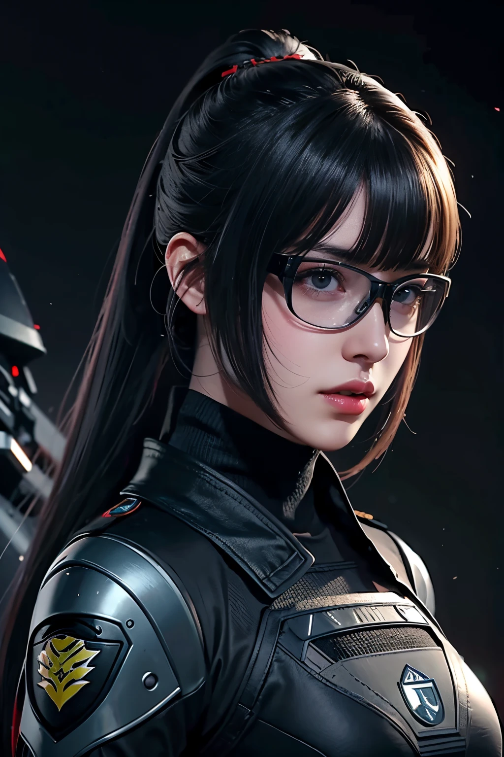 tmasterpiece，Best quality at best，A high resolution，8K，((Portrait))，(Head close-up)，Original photo，real photograph，digital photography，(Cyberpunk-style female special ops fighters)，(Special forces)，20岁女孩，long ponytail hair，By bangs，The amount of hair  amazing，red eyelash hair)，Big breasts，Chest groove，(A plethora of ornaments，Hologram glasses of the future，Tactical helmet)，cparted lips，Keep your mouth shuegant and charming，Serious and arrogant，Calm and handsome，(Special Forces clothing，Combat uniforms，joint armor，Black)，Photo pose，cyber punk personage，scifi style，greybackground，oc render reflection texture