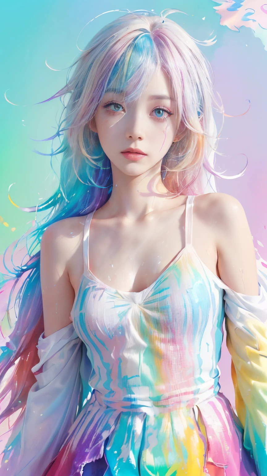 (Pink fashion T-shirt:1.9),(Colorful hair: 1.8), (all the colours of the rainbow: 1.8),(((((Vertical Painting:1.6))), (Painting:1.6),front, comics, Illustrations, Painterly, Large eyes, Crystal clear eyes,( rainbow color gradient high ponytail:1.7), Exquisite makeup, Closed mouth,(Small fresh: 1.5),(Wipe Chest: 1.6) ,long eyelashes, white off shoulder T-shirt, White shoulder shirt,gaze at the audience, Large watery eyes, (rainbow-colored hair:1.6), Color splash, (Solo:1.8), Color splash, Color explosion, Thick paint style, Messy lines, ((Shining)),(Colorful), (Colorful), (Colorful), Colorful, Thick paint style, (Splash) (Color splash), Vertical Painting, Upper body, Paint splashes, Acrylic Pigment, gradient, paint, Highest image quality, Highest Quality, masutepiece, Solo, depth of fields, Face Paint, colourful clothes, (Elegant: 1.2), Gorgeous,Long hair, Wind, (Elegant: 1.etals: 1.4),(((masutepiece))),(((Best Quality))),((Ultra-detailed)),(Illustration),(Dynamic Angle),((floating)),(paint),((disheveled hair)),(Solo),(1girl in) , (((Detailed anima face))),((beautifull detailed face)),Collar,Bare shoulders,White hair, ((Colorful hair)),((striated hair)),Beautiful detailed eyes,(Gradient color eyes),(((Colorful eyes))),(((Colorful background))),(((High color saturation))),(((Surrounded by colorful splashes))),