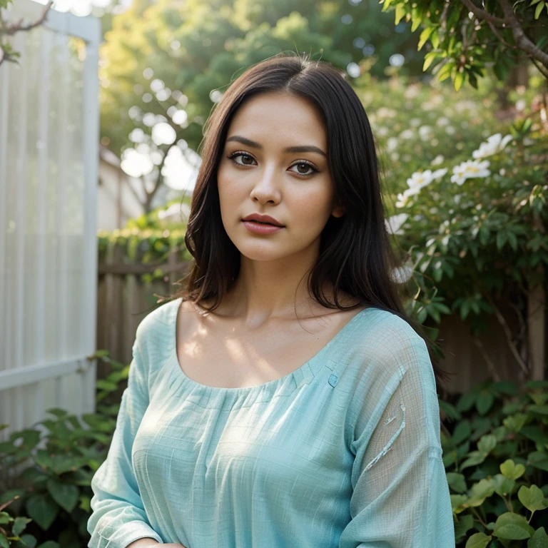 (a portrait of Fahriye Evcen), (thin facial features and striking black eyes, black eyelashes, bruised eyes, swooning eyelid), (white skin), (perfectly straight black hair), (gorgeous make-up with a gaudy touch), (elegant and trendy outfit), (big full natural red lips) (confident and charming expression), (low-cut outfit), (posing elegantly), (viewed from the side), (full body workout), (lush green standing in a garden), (surrounded by colorful flowers), (a gentle breeze gently rustles her hair), (soft sunlight casts a warm glow on her face), (background with a beautiful landscape), (a light blue sky with fluffy clouds ), (happy and joyful atmosphere), (photorealistic depiction capturing every detail), (ultra-high resolution and clarity), (created with professional precision), (vibrant and vivid color balanced and pleasing color palette), (dreamy look soft lighting highlighting the featureokeh effect that adds touch), ((TeeTee1)), (a portrait with a fantasy feel), (haunting and captivating artwork).NSFW