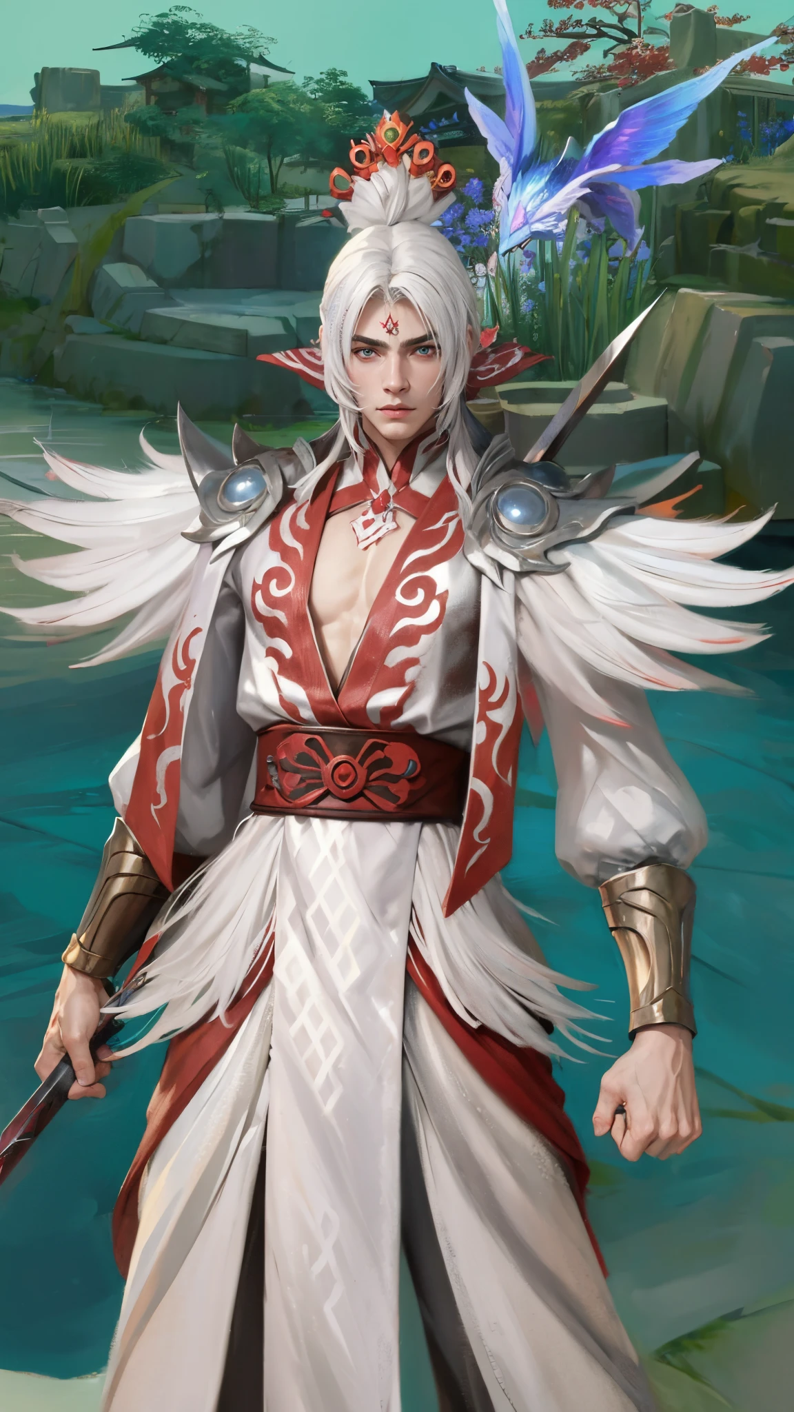 (Masterpiece:1.4), (best quality:1.2), enduring sword talon, 1boy, male focus, white hair, long hair, japanese clothes, hair ornament