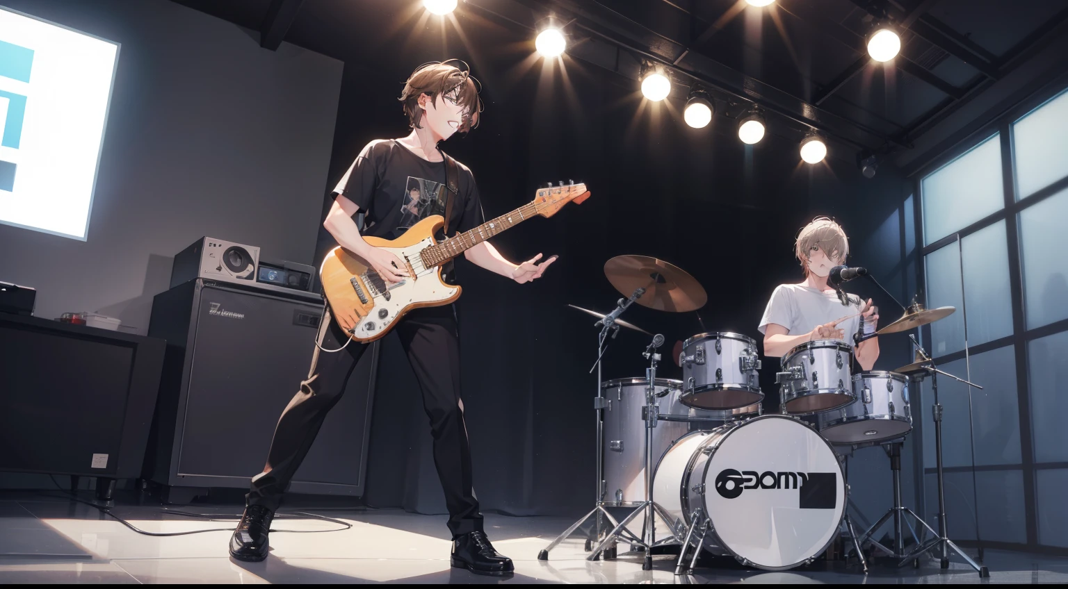 Live house with two men - one is a short-haired male vocalist with brown hair, and the other is a short-haired male drummer with silver hair. The scene is in high definition.