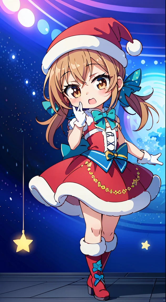 (masutepiece, Best Quality, Perfect Anatomy, High quality:1.4), nice hand, Perfect hands, Detailed beautiful hands, Large_filesize, fulcolor, hight resolution, symmetric, exceptional, Best aesthetic, newest, Anime, very beautiful detailed body,The hair,faces,The eye,(Chibi,Full body:1.6),BREAK,
1 beautiful girl(Cute:1.5),(Chibi:0.5),(kawaii:2.0),(Lori:2.0),(7 girl),(Solo:1.65),BREAK, (flat chest:1.2,), Clear skin, Beautiful skin, Shy, One Beautiful Girl,Colossal tits(Hair Bow, reddish brown hair, Twin-tailed:1.2), (Brown eyes, long eyelashes, Double eyelids: 1.2), BREAK, Star \(symbol\, (gloves, White Gloves:1.3), (bug, Dress,polka dot:1.3) , Looking at Viewer,(long boots:1.2),Shiny skin,Clear skin, Beautiful skin,(best quality face),(Top quality glowing eyes), (smile:0.5),(slim body:1.2), BREAK, (red,Santa's hat, santa dress,idol,mini skirt,sleeveless:1.2),
BREAK,(plein air),
(glitter,On the brightly lit stage ,warm colors lighting create a fantastic atmosphere,full body:1.1),twinkle,Christmas tree,posing,center,depth of fields,
BREAK,wakame,wakame,wakame,(Cowboy Shot:1.4),
BREAK,(Blurry background:1.3),(absurderes, hight resolution, Super Detail Art),cel shading,Clear Color, Lonely optical effect, Beautiful pictures, Bright glow, mystic atmosphere,(Close-up of girl:1.1), Mystical light particle effect,manga influence, clean line drawings,