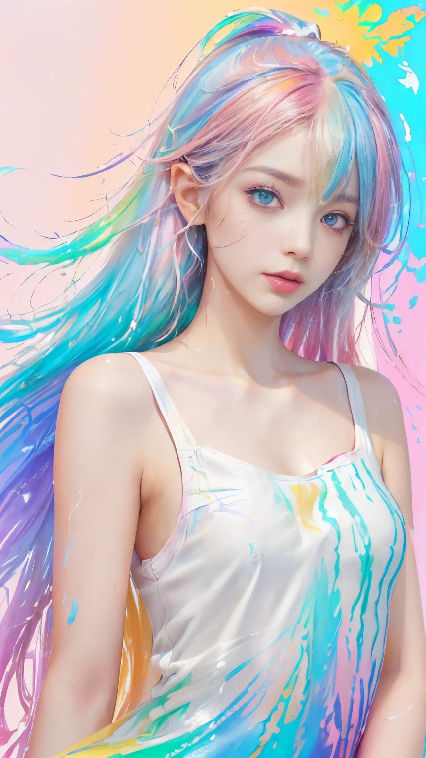 （Pink fashion T-shirt：1.9），(Colorful hair: 1.8), (all the colours of the rainbow: 1.8),(((((Vertical Painting：1.6))), （Painting：1.6），front, comics, Illustrations, Painterly, Large eyes, Crystal clear eyes,（ rainbow color gradient high ponytail：1.7）, Exquisite makeup, Closed mouth,(Small fresh: 1.5),(Wipe Chest: 1.6) ，long eyelashes, white off shoulder T-shirt,  White shoulder shirt，gaze at the audience, Large watery eyes, (rainbow-colored hair：1.6), Color splash, （Solo：1.8）, Color splash, Color explosion, Thick paint style, Messy lines, ((Shining))，(Colorful), (Colorful), (Colorful), Colorful, Thick paint style, (Splash) (Color splash), Vertical Painting, Upper body, Paint splashes, Acrylic Pigment, gradient, paint, Highest image quality, Highest Quality, masutepiece, Solo, depth of fields, Face Paint,  colourful clothes, (Elegant: 1.2), Gorgeous,Long hair, Wind, (Elegant: 1.etals: 1.4)，(((masutepiece))),(((Best Quality))),((Ultra-detailed)),(Illustration),(Dynamic Angle),((floating)),(paint),((disheveled hair)),(Solo),(1girl in) , (((Detailed anima face))),((beautifull detailed face)),Collar,Bare shoulders,White hair, ((Colorful hair)),((striated hair)),Beautiful detailed eyes,(Gradient color eyes),(((Colorful eyes))),(((Colorful background))),(((High color saturation))),(((Surrounded by colorful splashes))),