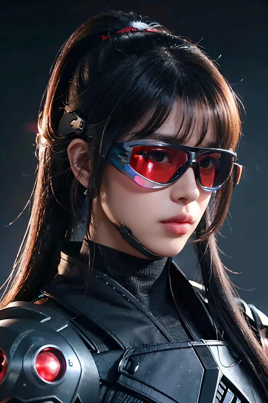 tmasterpiece，Best quality at best，A high resolution，8K，((Portrait))，(Head close-up)，Original photo，real photograph，digital photography，(Cyberpunk-style female special ops fighters)，(Special forces)，20岁女孩，long ponytail hair，By bangs，The amount of hair  amazing，red eyelash hair)，Big breasts，Chest groove，(A plethora of ornaments，Hologram glasses of the future，Tactical helmet)，cparted lips，Keep your mouth shuegant and charming，Serious and arrogant，Calm and handsome，(Special Forces clothing，Combat uniforms，joint armor，Black)，Photo pose，cyber punk personage，scifi style，greybackground，oc render reflection texture