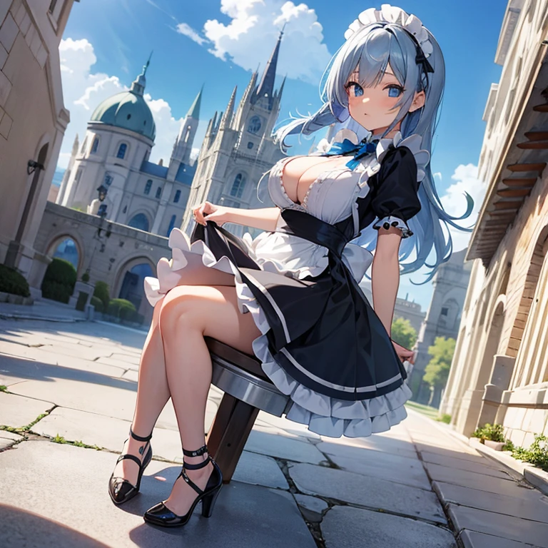 maid de cabello corto plateado, Tiene una mirada severa y enojada, Ojos color azul hermosos, Big boobs, Maid suit blue, En un castillo antiguo, Castillo Gotico, Sakuya isayoi, SFW, Pechos Brillantes, Cabello CORTO Y PLATEADO, Tacones altos azules, (Full body photography)