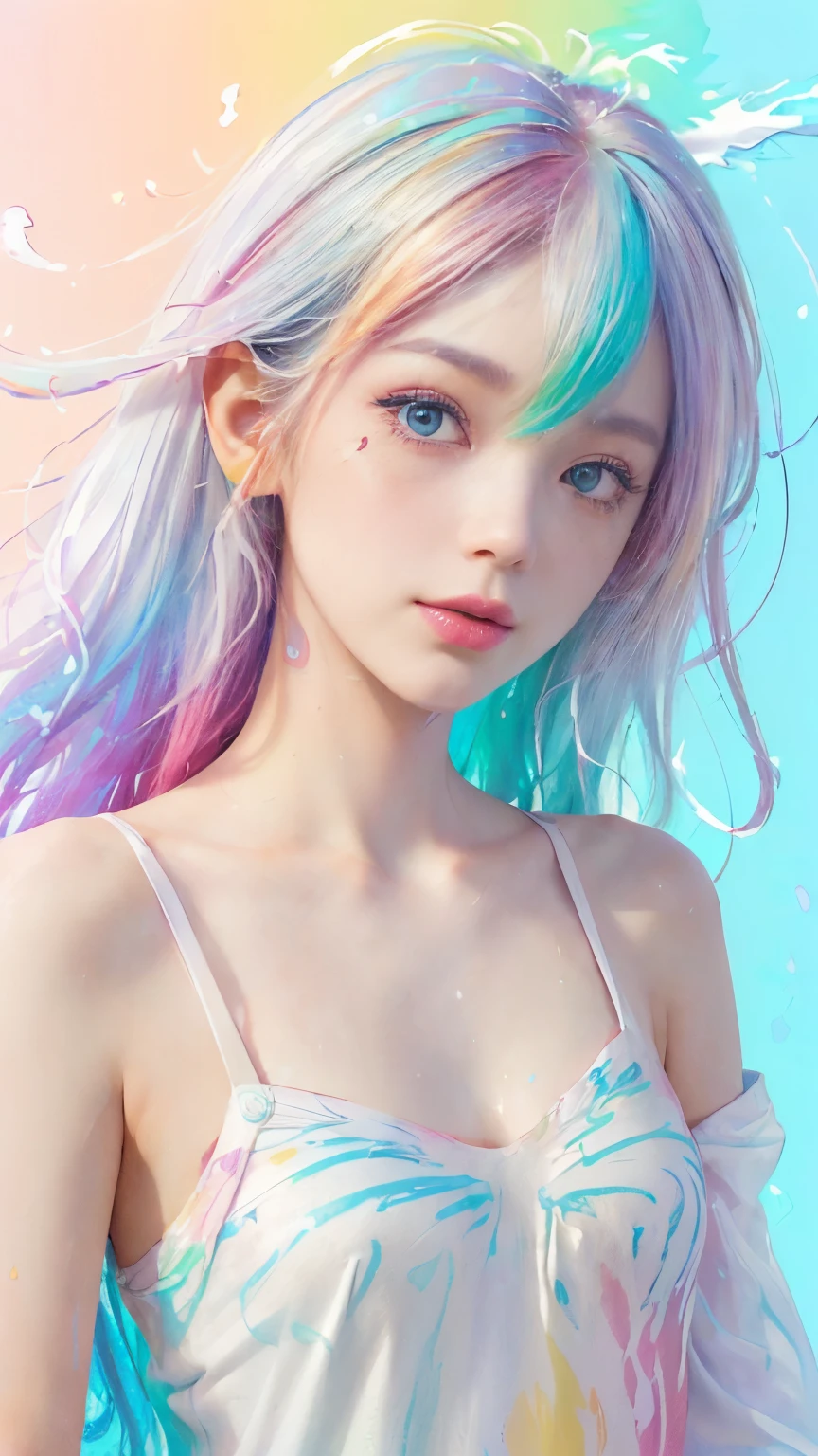 (Pink fashion T-shirt:1.9),(Colorful hair: 1.8), (all the colours of the rainbow: 1.8),(((((Vertical Painting:1.6))), (Painting:1.6),front, comics, Illustrations, Painterly, Large eyes, Crystal clear eyes,( rainbow color gradient high ponytail:1.7), Exquisite makeup, Closed mouth,(Small fresh: 1.5),(Wipe Chest: 1.6) ,long eyelashes, white off shoulder T-shirt, White shoulder shirt,gaze at the audience, Large watery eyes, (rainbow-colored hair:1.6), Color splash, (Solo:1.8), Color splash, Color explosion, Thick paint style, Messy lines, ((Shining)),(Colorful), (Colorful), (Colorful), Colorful, Thick paint style, (Splash) (Color splash), Vertical Painting, Upper body, Paint splashes, Acrylic Pigment, gradient, paint, Highest image quality, Highest Quality, masutepiece, Solo, depth of fields, Face Paint, colourful clothes, (Elegant: 1.2), Gorgeous,Long hair, Wind, (Elegant: 1.etals: 1.4),(((masutepiece))),(((Best Quality))),((Ultra-detailed)),(Illustration),(Dynamic Angle),((floating)),(paint),((disheveled hair)),(Solo),(1girl in) , (((Detailed anima face))),((beautifull detailed face)),Collar,Bare shoulders,White hair, ((Colorful hair)),((striated hair)),Beautiful detailed eyes,(Gradient color eyes),(((Colorful eyes))),(((Colorful background))),(((High color saturation))),(((Surrounded by colorful splashes))),