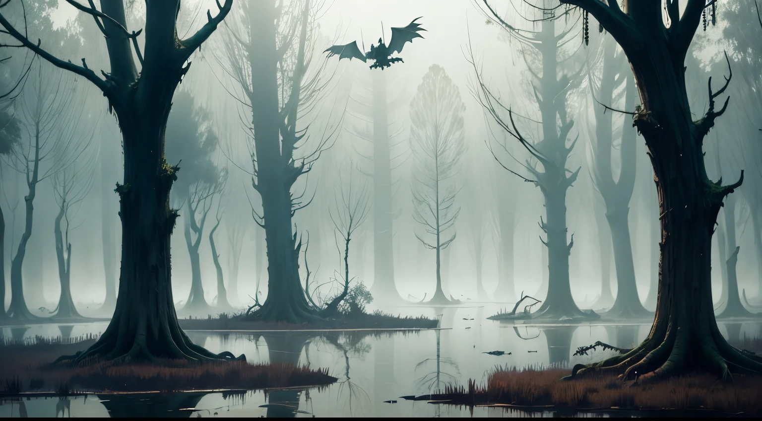 Gloomy swamp, old trees, fog, crows, bats,