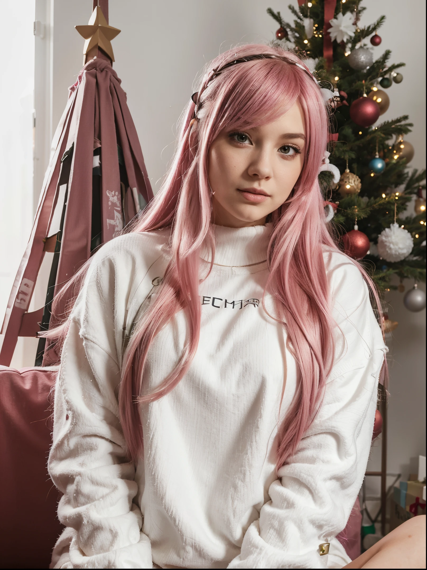 gamer girl, vibrant pink hair, long hair, white fringe, winter, christmas tree in background