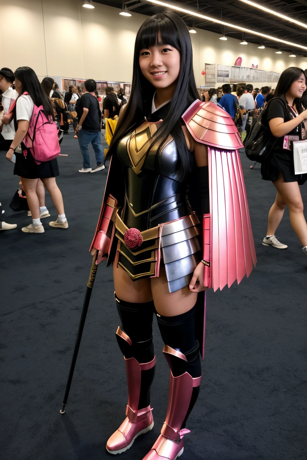 Instagram photo, full body photo of teen japanese woman, pink samurai armor, beautiful face, happy face, at comic book convention, cinematic shot, dramatic lighting, black long hair