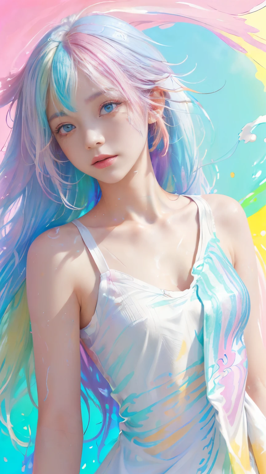 (Pink fashion T-shirt:1.9),(Colorful hair: 1.8), (all the colours of the rainbow: 1.8),(((((Vertical Painting:1.6))), (Painting:1.6),front, comics, Illustrations, Painterly, Large eyes, Crystal clear eyes,( rainbow color gradient high ponytail:1.7), Exquisite makeup, Closed mouth,(Small fresh: 1.5),(Wipe Chest: 1.6) ,long eyelashes, white off shoulder T-shirt, White shoulder shirt,gaze at the audience, Large watery eyes, (rainbow-colored hair:1.6), Color splash, (Solo:1.8), Color splash, Color explosion, Thick paint style, Messy lines, ((Shining)),(Colorful), (Colorful), (Colorful), Colorful, Thick paint style, (Splash) (Color splash), Vertical Painting, Upper body, Paint splashes, Acrylic Pigment, gradient, paint, Highest image quality, Highest Quality, masutepiece, Solo, depth of fields, Face Paint, colourful clothes, (Elegant: 1.2), Gorgeous,Long hair, Wind, (Elegant: 1.etals: 1.4),(((masutepiece))),(((Best Quality))),((Ultra-detailed)),(Illustration),(Dynamic Angle),((floating)),(paint),((disheveled hair)),(Solo),(1girl in) , (((Detailed anima face))),((beautifull detailed face)),Collar,Bare shoulders,White hair, ((Colorful hair)),((striated hair)),Beautiful detailed eyes,(Gradient color eyes),(((Colorful eyes))),(((Colorful background))),(((High color saturation))),(((Surrounded by colorful splashes))),