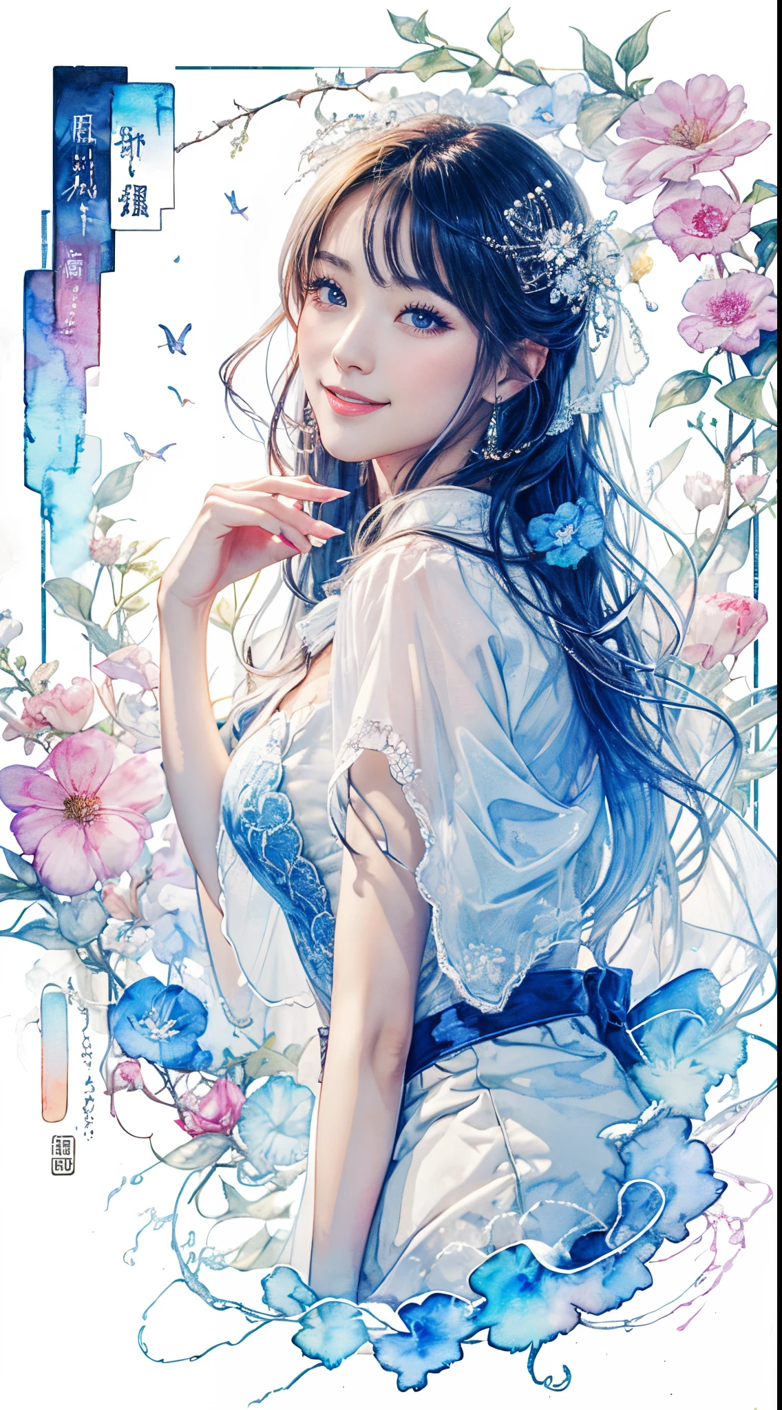 8K,masterpiece,top-quality,Dynamic Pose,beautiful woman with long hair,Smile:1.6, Cultivated woman, beautiful japanese female, Gorgeous Japan Girl,Pretty actress, girl cute-fine-face, Female actress,slim,watercolor paitingium\)