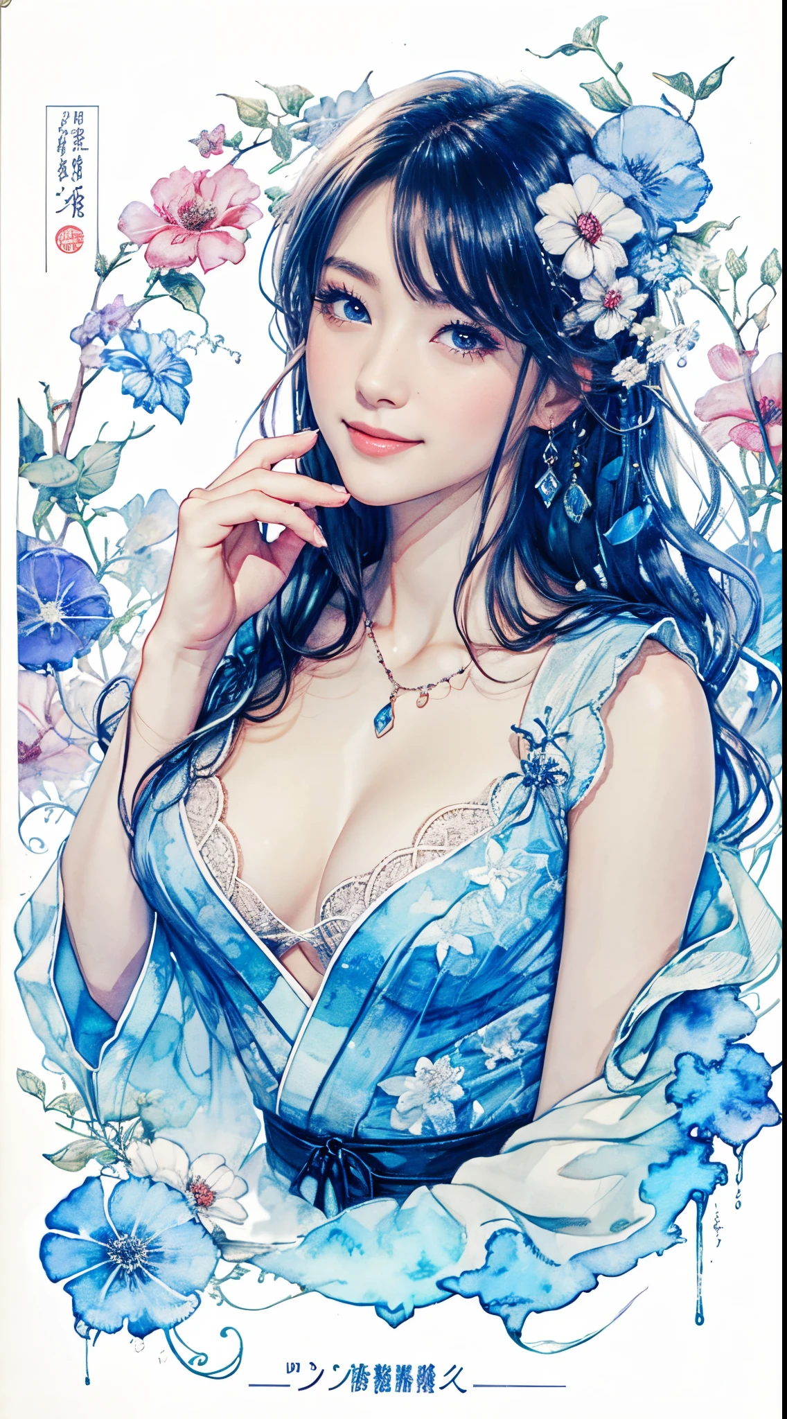 8K,masterpiece,top-quality,Dynamic Pose,beautiful woman with long hair,Smile:1.6, Cultivated woman, beautiful japanese female, Gorgeous Japan Girl,Pretty actress, girl cute-fine-face, Female actress,slim,watercolor paitingium\)