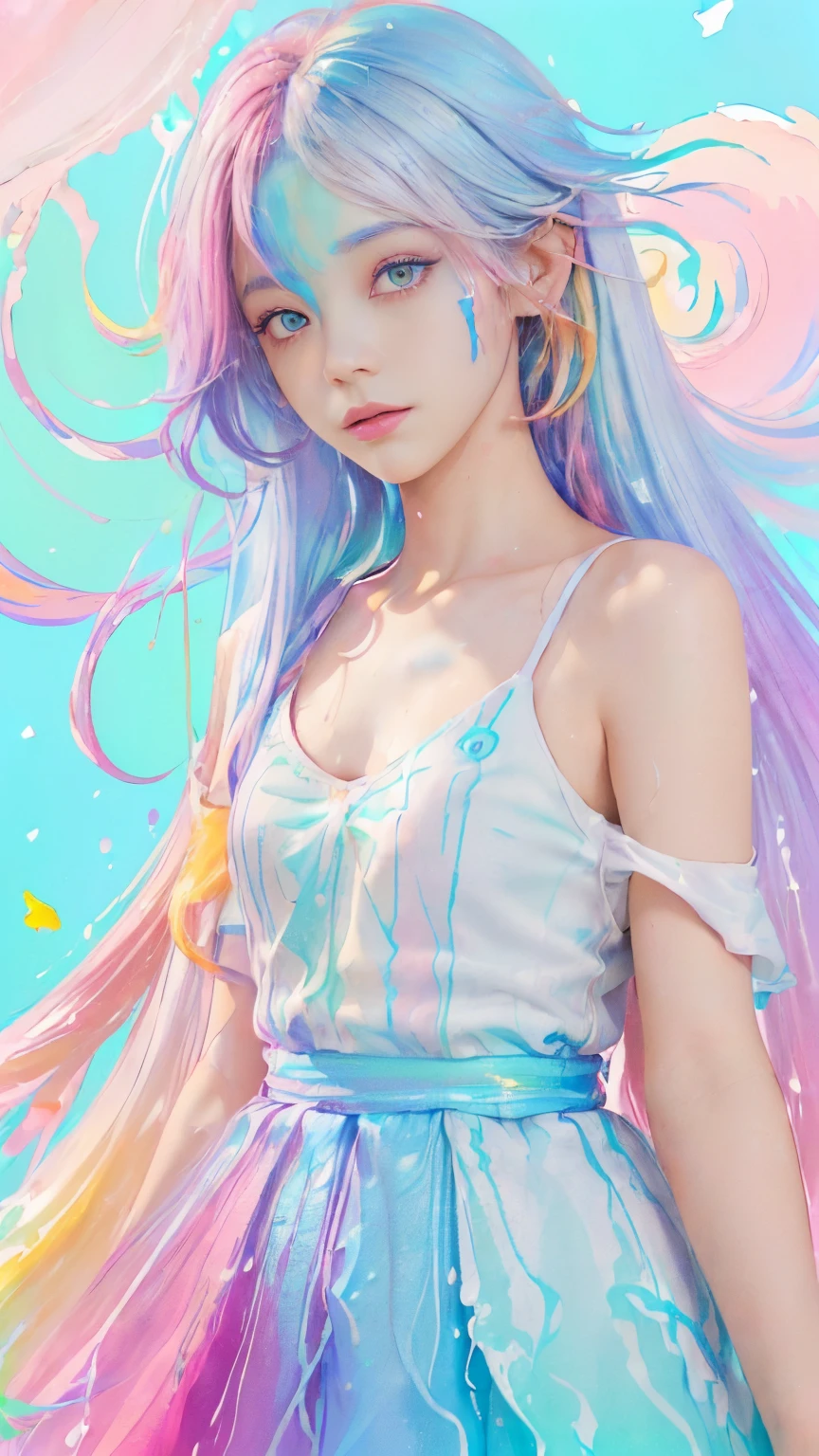 (Pink fashion T-shirt:1.9),(Colorful hair: 1.8), (all the colours of the rainbow: 1.8),(((((Vertical Painting:1.6))), (Painting:1.6),front, comics, Illustrations, Painterly, Large eyes, Crystal clear eyes,( rainbow color gradient high ponytail:1.7), Exquisite makeup, Closed mouth,(Small fresh: 1.5),(Wipe Chest: 1.6) ,long eyelashes, white off shoulder T-shirt, White shoulder shirt,gaze at the audience, Large watery eyes, (rainbow-colored hair:1.6), Color splash, (Solo:1.8), Color splash, Color explosion, Thick paint style, Messy lines, ((Shining)),(Colorful), (Colorful), (Colorful), Colorful, Thick paint style, (Splash) (Color splash), Vertical Painting, Upper body, Paint splashes, Acrylic Pigment, gradient, paint, Highest image quality, Highest Quality, masutepiece, Solo, depth of fields, Face Paint, colourful clothes, (Elegant: 1.2), Gorgeous,Long hair, Wind, (Elegant: 1.etals: 1.4),(((masutepiece))),(((Best Quality))),((Ultra-detailed)),(Illustration),(Dynamic Angle),((floating)),(paint),((disheveled hair)),(Solo),(1girl in) , (((Detailed anima face))),((beautifull detailed face)),Collar,Bare shoulders,White hair, ((Colorful hair)),((striated hair)),Beautiful detailed eyes,(Gradient color eyes),(((Colorful eyes))),(((Colorful background))),(((High color saturation))),(((Surrounded by colorful splashes))),