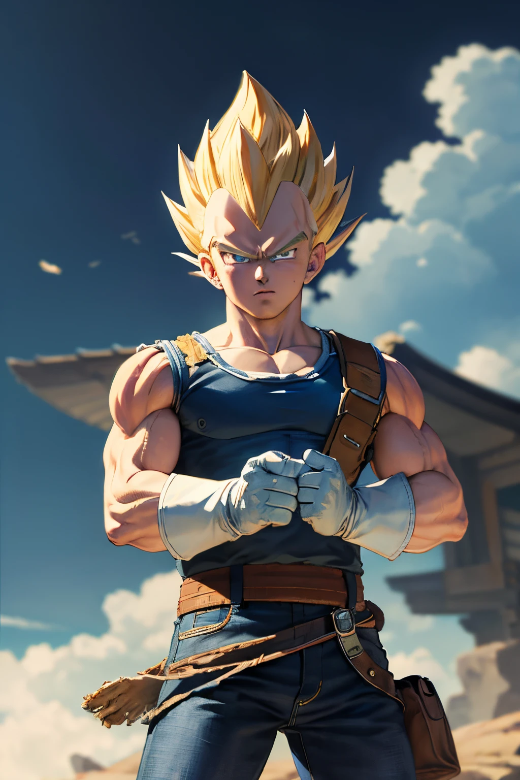 (masterpiece, best quality: 1.2), cowboy shot, solo, male focus, 1boy, vegeta, serious, looking at the viewer, spiked blonde hair, green eyes, armor, white gloves, martial arts