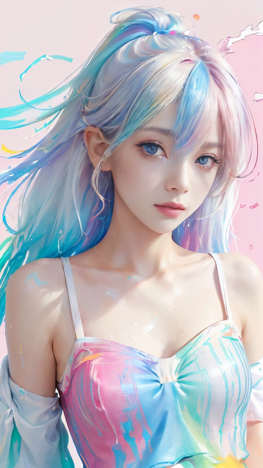 （Pink fashion T-shirt：1.9），(Colorful hair: 1.8), (all the colours of the rainbow: 1.8),(((((Vertical Painting：1.6))), （Painting：1.6），front, comics, Illustrations, Painterly, Large eyes, Crystal clear eyes,（ rainbow color gradient high ponytail：1.7）, Exquisite makeup, Closed mouth,(Small fresh: 1.5),(Wipe Chest: 1.6) ，long eyelashes, white off shoulder T-shirt,  White shoulder shirt，gaze at the audience, Large watery eyes, (rainbow-colored hair：1.6), Color splash, （Solo：1.8）, Color splash, Color explosion, Thick paint style, Messy lines, ((Shining))，(Colorful), (Colorful), (Colorful), Colorful, Thick paint style, (Splash) (Color splash), Vertical Painting, Upper body, Paint splashes, Acrylic Pigment, gradient, paint, Highest image quality, Highest Quality, masutepiece, Solo, depth of fields, Face Paint,  colourful clothes, (Elegant: 1.2), Gorgeous,Long hair, Wind, (Elegant: 1.etals: 1.4)，(((masutepiece))),(((Best Quality))),((Ultra-detailed)),(Illustration),(Dynamic Angle),((floating)),(paint),((disheveled hair)),(Solo),(1girl in) , (((Detailed anima face))),((beautifull detailed face)),Collar,Bare shoulders,White hair, ((Colorful hair)),((striated hair)),Beautiful detailed eyes,(Gradient color eyes),(((Colorful eyes))),(((Colorful background))),(((High color saturation))),(((Surrounded by colorful splashes))),