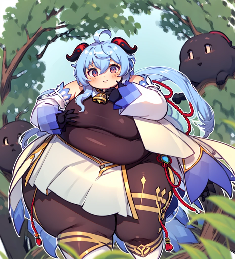 masterpiece, high quality,4K, obese ganyudef, chibi, middle body, white background, forest background, high details, UHD, fat ganyurnd, fat Ganyu