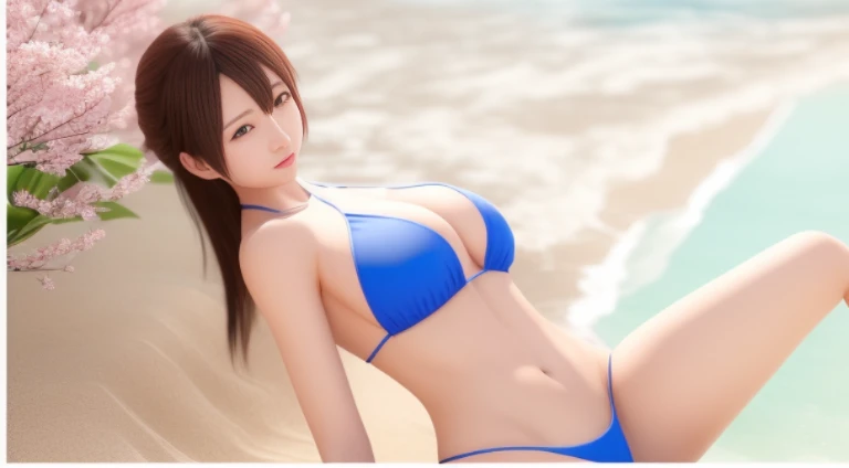 A woman wearing a bikini was sitting on the beach, Photorealistic perfect body, dead or alive 6, realistic bikini, kinomoto sakura, realistic shaded perfect body, photorealistic anime girl render, [ 4 k photorealism ]!!, hd screenshot, full-body close-up shot, 4K very photorealistic, 4K very photorealistic