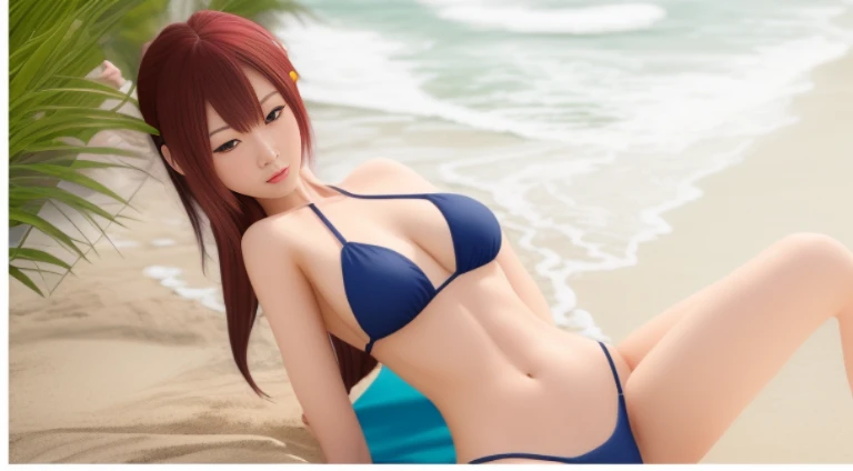 A woman wearing a bikini was sitting on the beach, Photorealistic perfect body, dead or alive 6, realistic bikini, kinomoto sakura, realistic shaded perfect body, photorealistic anime girl render, [ 4 k photorealism ]!!, hd screenshot, full-body close-up shot, 4K very photorealistic, 4K very photorealistic