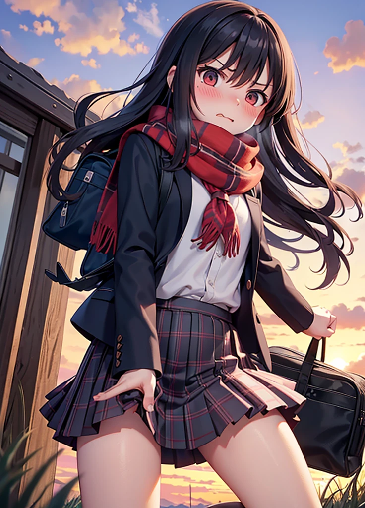 standing, spread legs, 1girl, nsfw, scarf, bag, plaid scarf, school bag, sunset, school uniform,mini skirt, red scarf, pleated skirt, jacket, blush, embarrassed, sunset, outdoors, evening, grass, dusk, twilight, from below, angry, wavy mouth
