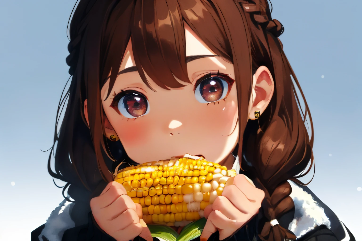 ((Brown hair)),((Braided shorthair)),(With black eyes))),(With bangs)),Slight red tide,(cones),((🌽)),((hold corn with both hands)),((during a meal)),((Winter clothes)),(long sleeve fluffy cardigan)),(striped winter clothes)),(white and blue and black),((Colorful, Pop and cute backgrounds)),((close up of face)),(Kamimei),(happily face),(Delicious looking face),((put corn in mouth)),((Corn on its side)),