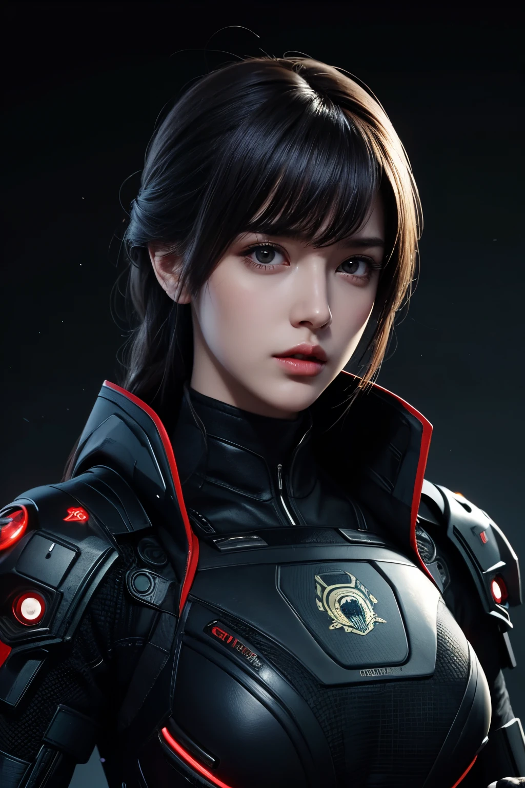 tmasterpiece，Best quality at best，A high resolution，8K，((Portrait))，(Head close-up)，Original photo，real photograph，digital photography，(Cyberpunk-style female special ops fighters)，(Special forces)，20岁女孩， hairstyle，By bangs，The amount of hair  amazing，red eyelash hair)，Big breasts，Chest groove， accessories，cparted lips，Keep your mouth shuegant and charming，Serious and arrogant，Calm and handsome，(Special Forces clothing，Combat uniforms，joint armor，Black)，Photo pose，cyber punk personage，scifi style，greybackground，oc render reflection texture