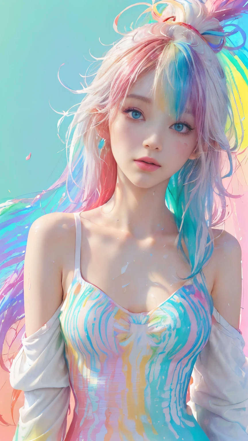 (Pink fashion T-shirt:1.9),(Colorful hair: 1.8), (all the colours of the rainbow: 1.8),(((((Vertical Painting:1.6))), (Painting:1.6),front, comics, Illustrations, Painterly, Large eyes, Crystal clear eyes,( rainbow color gradient high ponytail:1.7), Exquisite makeup, Closed mouth,(Small fresh: 1.5),(Wipe Chest: 1.6) ,long eyelashes, white off shoulder T-shirt, White shoulder shirt,gaze at the audience, Large watery eyes, (rainbow-colored hair:1.6), Color splash, (Solo:1.8), Color splash, Color explosion, Thick paint style, Messy lines, ((Shining)),(Colorful), (Colorful), (Colorful), Colorful, Thick paint style, (Splash) (Color splash), Vertical Painting, Upper body, Paint splashes, Acrylic Pigment, gradient, paint, Highest image quality, Highest Quality, masutepiece, Solo, depth of fields, Face Paint, colourful clothes, (Elegant: 1.2), Gorgeous,Long hair, Wind, (Elegant: 1.etals: 1.4),(((masutepiece))),(((Best Quality))),((Ultra-detailed)),(Illustration),(Dynamic Angle),((floating)),(paint),((disheveled hair)),(Solo),(1girl in) , (((Detailed anima face))),((beautifull detailed face)),Collar,Bare shoulders,White hair, ((Colorful hair)),((striated hair)),Beautiful detailed eyes,(Gradient color eyes),(((Colorful eyes))),(((Colorful background))),(((High color saturation))),(((Surrounded by colorful splashes))),