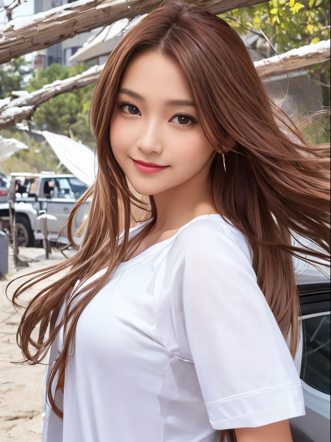 (top-quality:1.1)、(Photorealsitic:1.1)、(a picture:1.1)、(ighly detailed:1.1)、viewer、armlet、A smile that showed teeth、White teeth、a beautiful detailed girl、(extremely detailed eye and face)、(lighting on the face)、Summer Uniforms、(独奏:1.5)、(shores、Light brown eyes、(((Hair fluttering in strong winds)))、((Anatomically perfectly balanced style))、Like a cute posed body、red brown hair