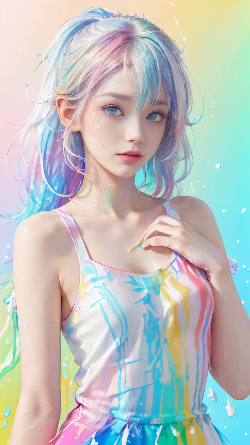 (Pink fashion T-shirt:1.9),(Colorful hair: 1.8), (all the colours of the rainbow: 1.8),(((((Vertical Painting:1.6))), (Painting:1.6),front, comics, Illustrations, Painterly, Large eyes, Crystal clear eyes,( rainbow color gradient high ponytail:1.7), Exquisite makeup, Closed mouth,(Small fresh: 1.5),(Wipe Chest: 1.6) ,long eyelashes, white off shoulder T-shirt, White shoulder shirt,gaze at the audience, Large watery eyes, (rainbow-colored hair:1.6), Color splash, (Solo:1.8), Color splash, Color explosion, Thick paint style, Messy lines, ((Shining)),(Colorful), (Colorful), (Colorful), Colorful, Thick paint style, (Splash) (Color splash), Vertical Painting, Upper body, Paint splashes, Acrylic Pigment, gradient, paint, Highest image quality, Highest Quality, masutepiece, Solo, depth of fields, Face Paint, colourful clothes, (Elegant: 1.2), Gorgeous,Long hair, Wind, (Elegant: 1.etals: 1.4),(((masutepiece))),(((Best Quality))),((Ultra-detailed)),(Illustration),(Dynamic Angle),((floating)),(paint),((disheveled hair)),(Solo),(1girl in) , (((Detailed anima face))),((beautifull detailed face)),Collar,Bare shoulders,White hair, ((Colorful hair)),((striated hair)),Beautiful detailed eyes,(Gradient color eyes),(((Colorful eyes))),(((Colorful background))),(((High color saturation))),(((Surrounded by colorful splashes))),