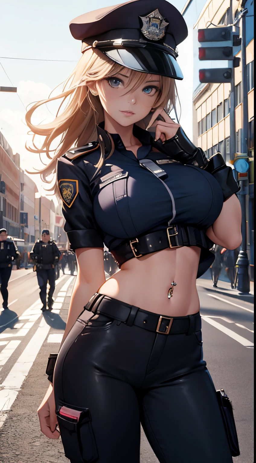 Sexy police girl named emma, standing on street road, wearing police uniform, sexy police girl on road, sexy, beautiful girl, pretty face, beautiful face, wearing American police dress, big breasts, realistic, photorealistc, high quality, 4k, detailed face, ultra realistic, High quality: 1.9, detailed eyes, stylish pose, sexy pose, photography, photoshoot, ((navel piercing))