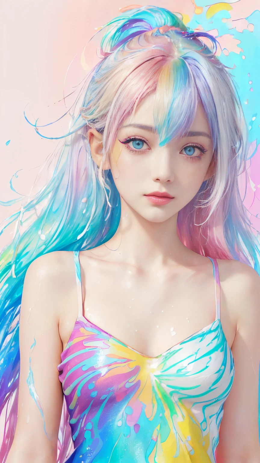 (Pink fashion T-shirt:1.9),(Colorful hair: 1.8), (all the colours of the rainbow: 1.8),(((((Vertical Painting:1.6))), (Painting:1.6),front, comics, Illustrations, Painterly, Large eyes, Crystal clear eyes,( rainbow color gradient high ponytail:1.7), Exquisite makeup, Closed mouth,(Small fresh: 1.5),(Wipe Chest: 1.6) ,long eyelashes, white off shoulder T-shirt, White shoulder shirt,gaze at the audience, Large watery eyes, (rainbow-colored hair:1.6), Color splash, (Solo:1.8), Color splash, Color explosion, Thick paint style, Messy lines, ((Shining)),(Colorful), (Colorful), (Colorful), Colorful, Thick paint style, (Splash) (Color splash), Vertical Painting, Upper body, Paint splashes, Acrylic Pigment, gradient, paint, Highest image quality, Highest Quality, masutepiece, Solo, depth of fields, Face Paint, colourful clothes, (Elegant: 1.2), Gorgeous,Long hair, Wind, (Elegant: 1.etals: 1.4),(((masutepiece))),(((Best Quality))),((Ultra-detailed)),(Illustration),(Dynamic Angle),((floating)),(paint),((disheveled hair)),(Solo),(1girl in) , (((Detailed anima face))),((beautifull detailed face)),Collar,Bare shoulders,White hair, ((Colorful hair)),((striated hair)),Beautiful detailed eyes,(Gradient color eyes),(((Colorful eyes))),(((Colorful background))),(((High color saturation))),(((Surrounded by colorful splashes))),