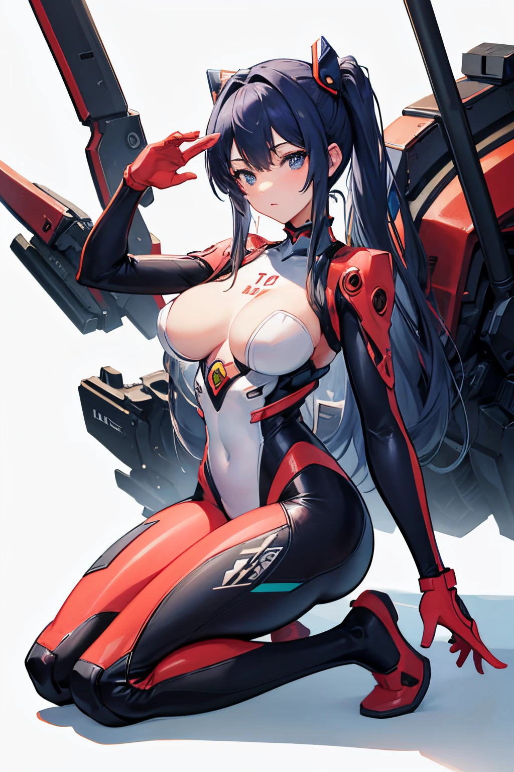 masterpiece, best quality, high quality, perfect anatomi, 1girl, mature female, large breast, fullbody, sitting, love pose hand, hand love pose, asuka from evangelion, mechanical suit, sitting on floor, white background, full body,