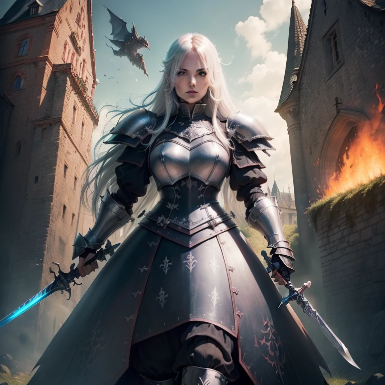 (extrem detailliert), (hight resolution), full-length portrait, von Herrn der Ringe (MENSCH, heavy armor (Plate Armor, Kettenpanzer), pretty woman, attraktive Frau, fester Hintern, trainiert, strahlend blaue Augen, big sword (Two-handed sword, Claymore, blutverschmiert), ((aggressiverer Blick)), kampfbereit, armour (verziert), Hintergrund (Burg, drawbridge, Drache am Himmel, Feuer, Rauch)