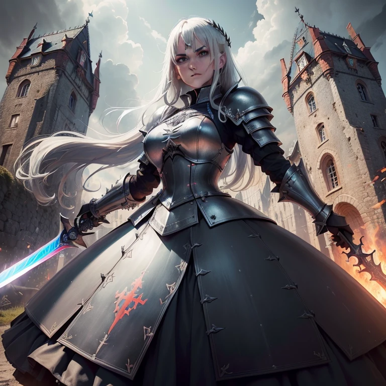 (extrem detailliert), (hight resolution), full-length portrait, von Herrn der Ringe (MENSCH, heavy armor (Plate Armor, Kettenpanzer), pretty woman, attraktive Frau, fester Hintern, trainiert, strahlend blaue Augen, big sword (Two-handed sword, Claymore, blutverschmiert), ((aggressiverer Blick)), kampfbereit, armour (verziert), Hintergrund (Burg, drawbridge, Drache am Himmel, Feuer, Rauch)