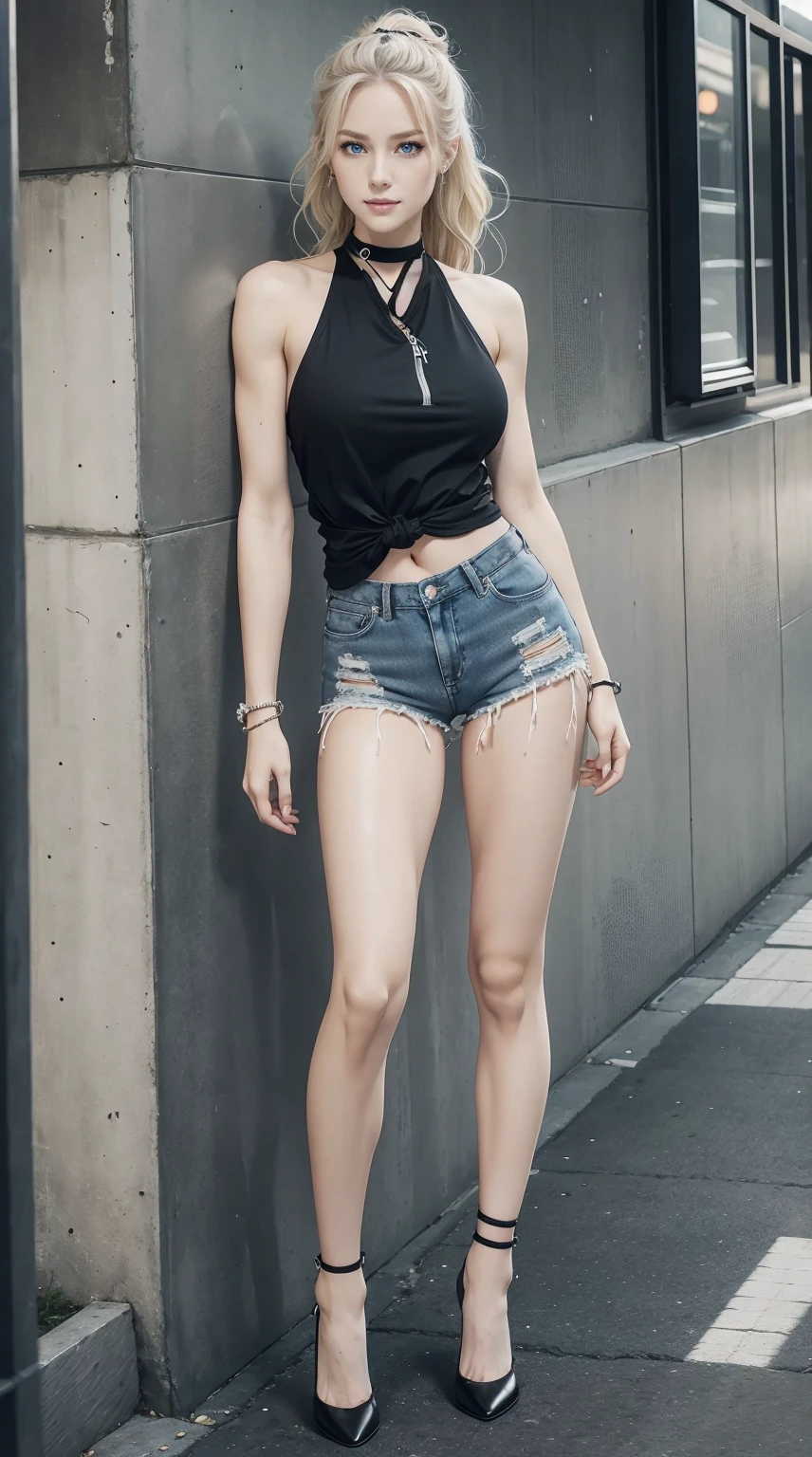 25-year-old Caucasian woman、platinum-blonde、blue eyess、Longhaire、Straight hair、accessories on the wrist、wearing a choker、I can see the belly button、My abs are cracked、a smile、Well-proportioned but slim muscular body、I try not to let my head disappear from the screen.、Wearing a black high neck zipper up tank top、I&#39;m wearing low-rise distressed skinny jeans.、I'm wearing pin heels、Shoulder bag over shoulder、Stretching in front of an old concrete wall、a smile