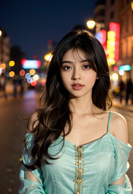 (((desi girl))), chubby face, natural skin, wearing hot deep neck top and dupatta, charming black hair, ((hair ends are blonde)), city streets background, bokeh
