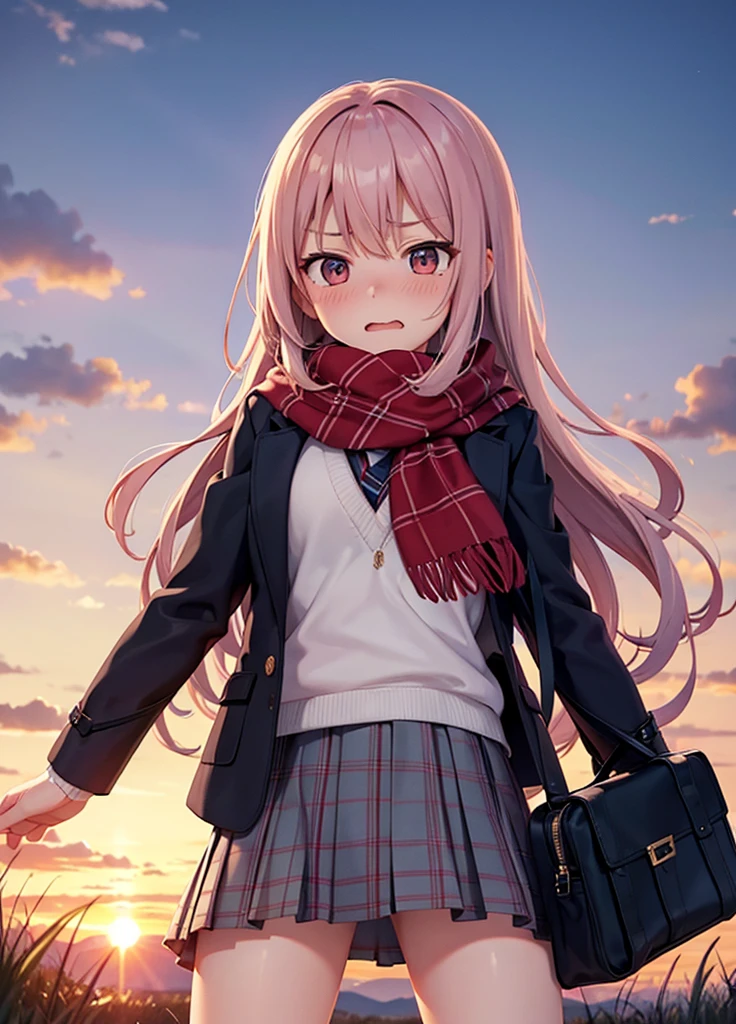 standing, spread legs, pussy, 1girl, nsfw, scarf, bag, plaid scarf, sunset, school uniform,mini skirt, red scarf, pleated skirt, jacket, blush, embarrassed, sunset, outdoors, evening, grass, dusk, twilight, from below, angry, wavy mouth