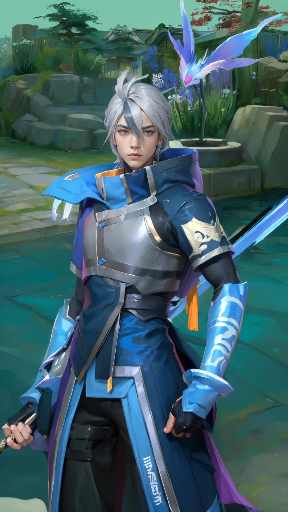 (Masterpiece:1.4), (best quality:1.2), enduring sword talon, 1boy, male focus, grey hair, long hair, japanese clothes, hair ornament