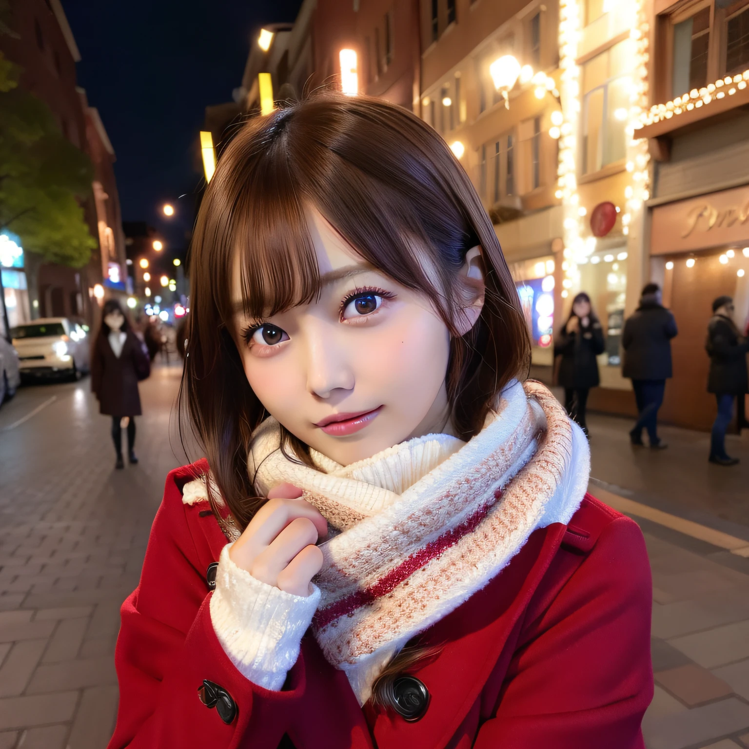 nogizaka、Seductive, Kamimei, Attractive, Sexy eyes, Red coat, Brown Shorthair, Delicate,a baby face, High Definition, Full body、hight resolution、Best Quality、Spotty girl、Looking at the camera、ample breasts、poseing、illuminations、Lit up、Fluffy scarves