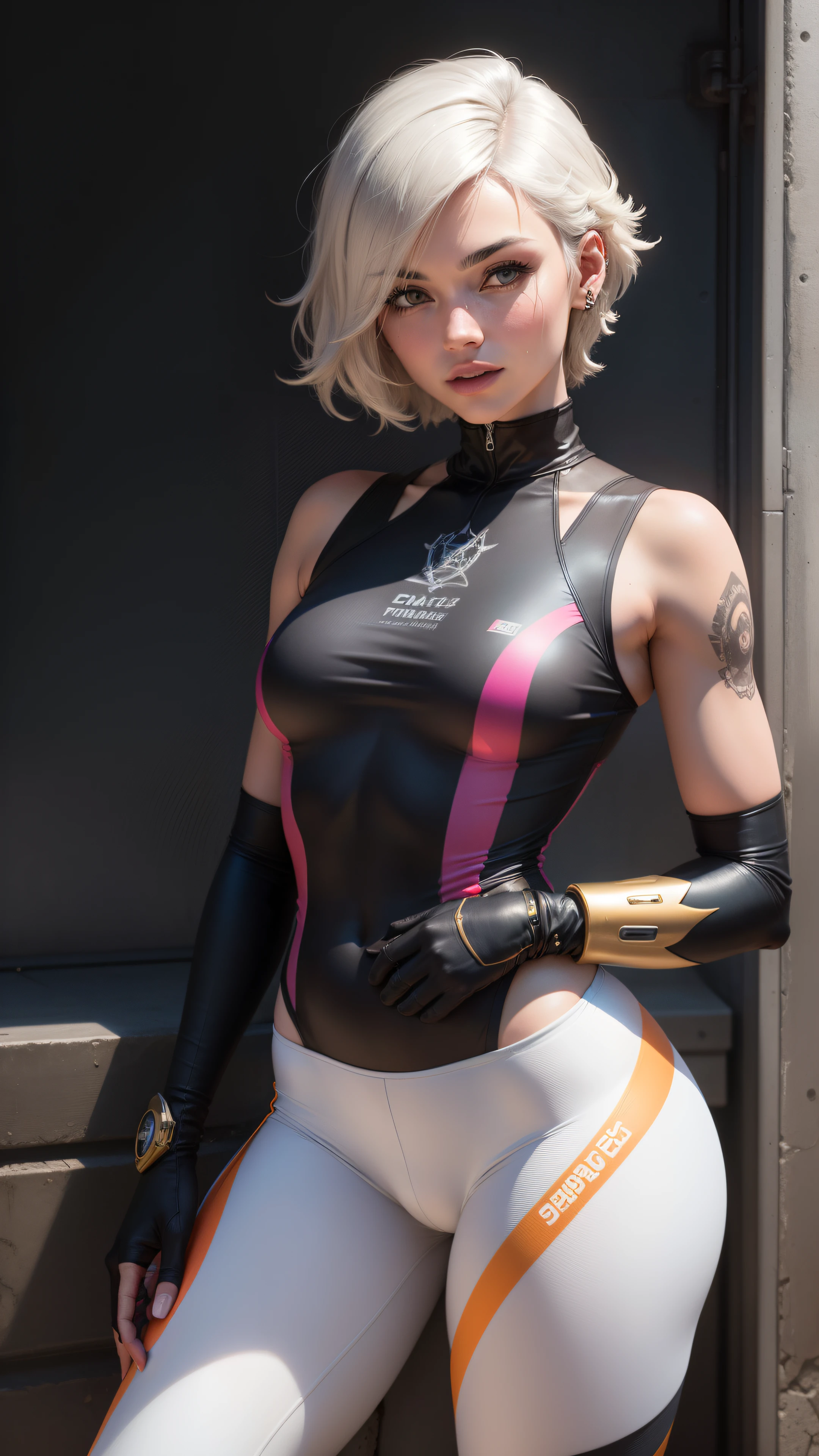 Gwen Tennyson,Tracer,Y'shtola Rhul,Yorha 2B,Overwatch,nier automata,Mecha piloto,rua comercial,Tatuagens,Plugsuit branco e rosa,top de lycra de manga curta branca,legging branca cargo ,barriga descoberta,short hair,maquiagem punk,olhos azuis,cabelos prateados multicoloridos,sorriso sexy,Sardas,Beautiful girl,seios grandes,8k,ultra detalhado,Realistic,arte de fantasia,Garota Punk,piercings na orelha,uniforme da banda de metal,Fato de treino,capuz esportivo de manga curta,Arte de parede de grafite,ambulante,colar de corrente,bolsa esportiva,