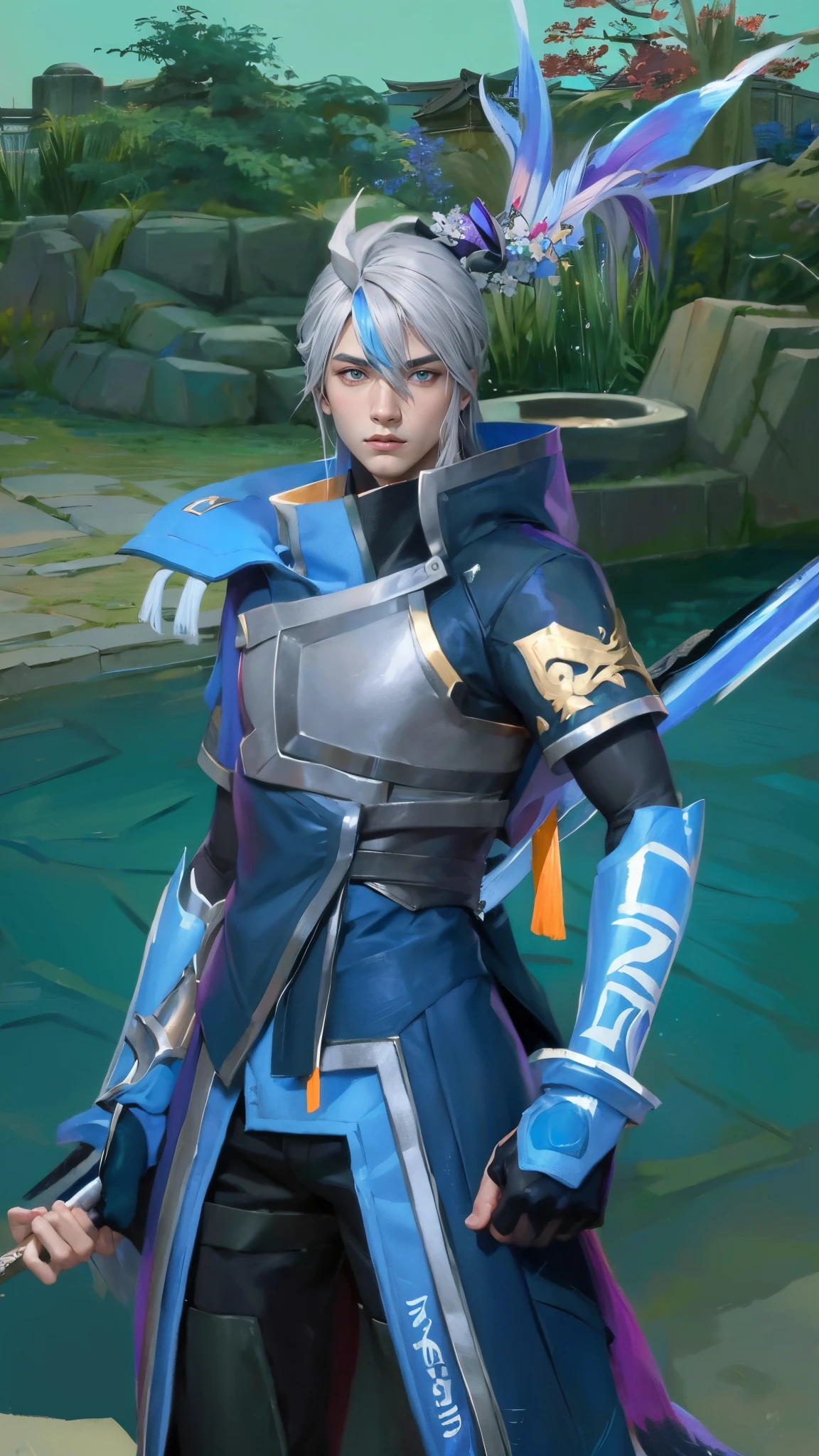 (Masterpiece:1.4), (best quality:1.2), enduring sword talon, 1boy, male focus, grey hair, long hair, japanese clothes, hair ornament